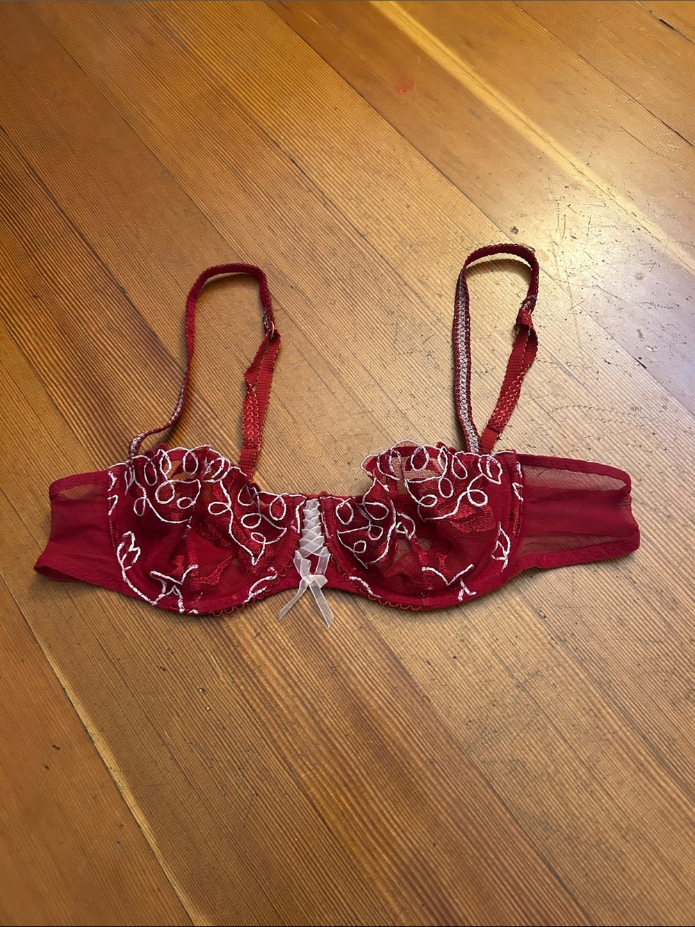 Red Embroidered Sheer Balconette Bra Aubade France size 34